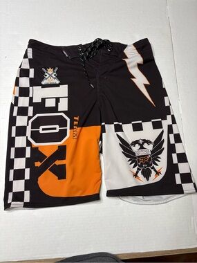 Fox Men’s Black, Orange & White Graphic Swim Board Shorts
